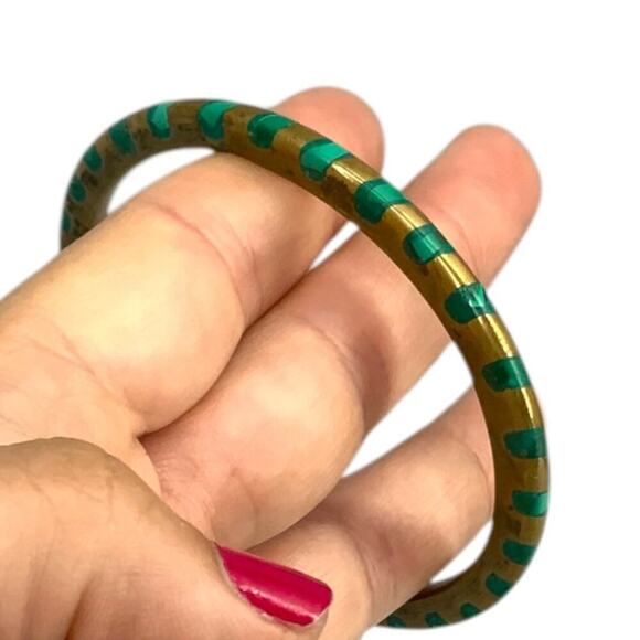 Vintage Malachite and Brass Thin Stacking Bangle Bracelet - Picture 1 of 5